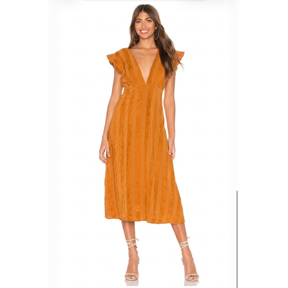 Line & Dot Brynn Deep Plunge Dress Caramel Textured Stripe Ruffle Midi Dress Sm